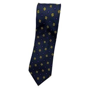 FRANCO BASSI Men's 100% Silk Necktie LUXURY Tie Navy Geometric W:3.7" EUC